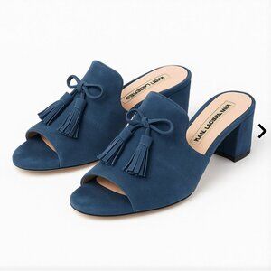 Karl Lagerfeld Paris Navy Holly Suede Tassel Block-Heel Mules - Size 6.5